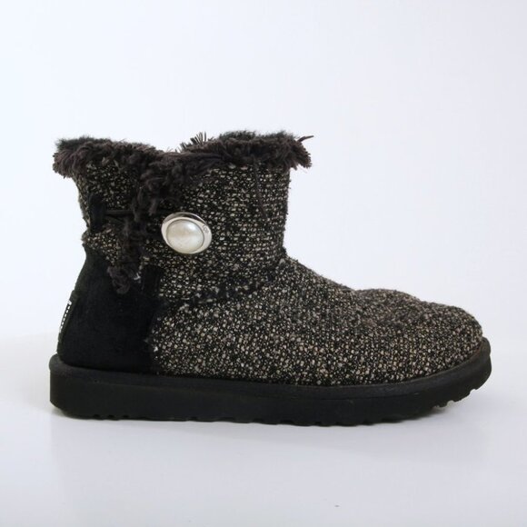 UGG Mini Bailey Button Fancy Tweed Boots in Black Women Size 8 - Picture 2 of 15